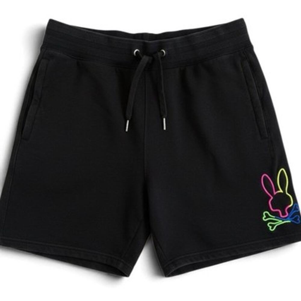 Psycho Bunny Shorts Mens M Black Cotton Sweat Skull NEON Logo Casual Gym Casual